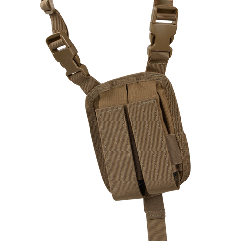 The Condor Vertical Shoulder Holster is a khaki tactical pouch with two front compartments, adjustable straps, and plastic buckle closures.