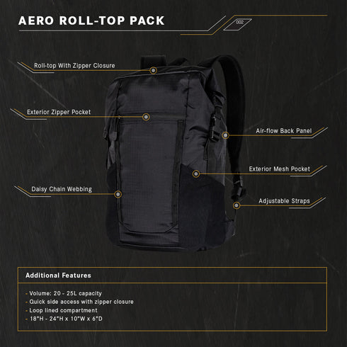 The Condor Aero Roll-Top Backpack 25L | SALE is shown at an angle with zipper closure, exterior zip pocket, mesh pocket, daisy chain webbing, adjustable straps, and air-flow back panel.