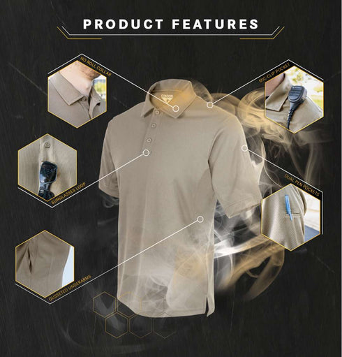 The Condor Short Sleeve Performance Tactical Polo in tan is shown with labels marking its no-roll collar, mic clip pocket, sunglasses loop, dual pen pockets, and gusseted underarms.