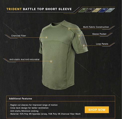 The Condor Trident Short Sleeve Battle Top in olive green features loop panels, a sleeve pocket, multi-fabric construction, and charcoal fiber for anti-static and anti-microbial benefits.