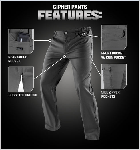 Condor Cipher Pants shown with labeled features: rear gadget pocket, gusseted crotch, front coin pocket, and side zipper pockets—engineered for Military and First Responder utility.