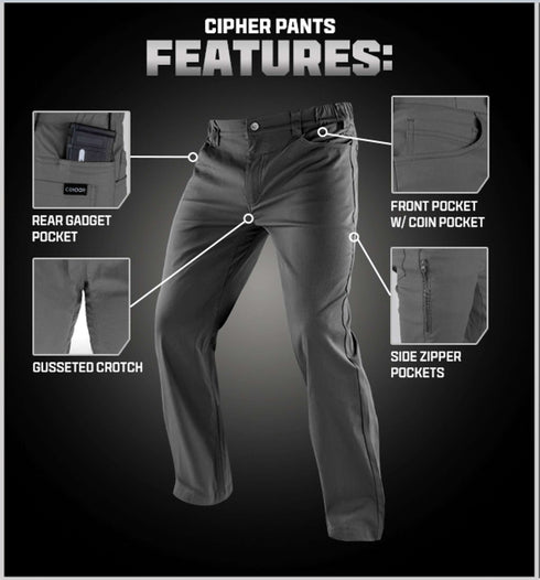 Condor Cipher Pants shown with labeled features: rear gadget pocket, gusseted crotch, front pocket with coin pocket, and side zipper pockets.