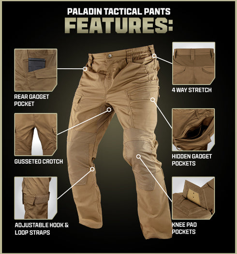 Condor Paladin Tactical Pants in tan feature a rear gadget pocket, 4-way stretch, gusseted crotch, hidden gadget pockets, adjustable hook-and-loop straps, and knee pad pockets.