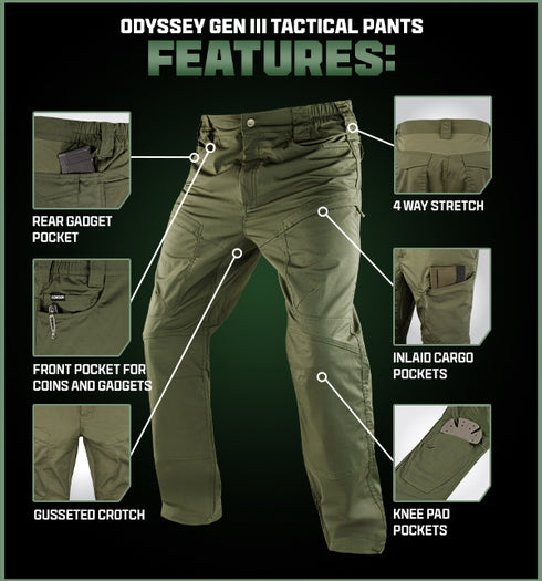 The Condor Odyssey Pants Gen III offer olive green 4-way stretch fabric, gusseted crotch, rear gadget pocket, front coin/gadget pockets, inlaid cargo pockets, and knee pad pockets—ideal for military or law enforcement.