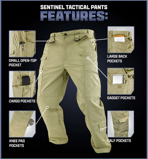 The Condor Sentinel Tactical Pants Plus Size feature labeled pockets: military-inspired small open-top pocket, cargo pockets, knee pad pockets, large back pockets, gadget pockets, and calf pockets.