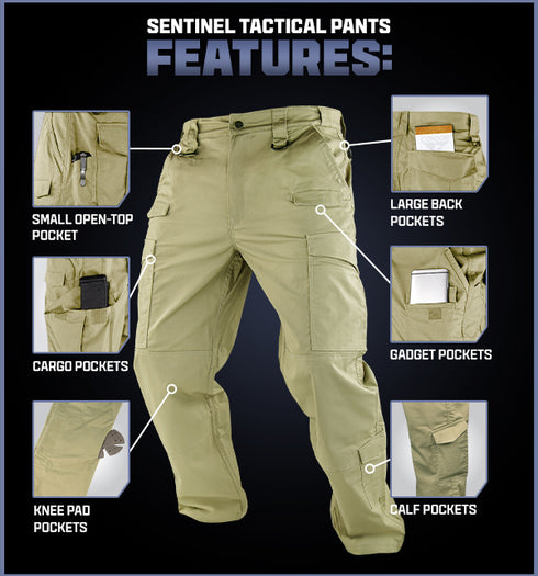 The Condor Sentinel Tactical Pants are shown with labeled features: small open-top pocket, cargo pockets, knee pad pockets, large back pockets, gadget pockets, and calf pockets.