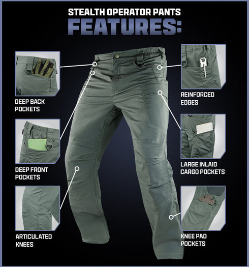Condor Stealth Operator Pants feature deep front and back pockets, articulated knees, reinforced edges, large cargo pockets, and knee pad pockets—perfect for any combat pant needs.