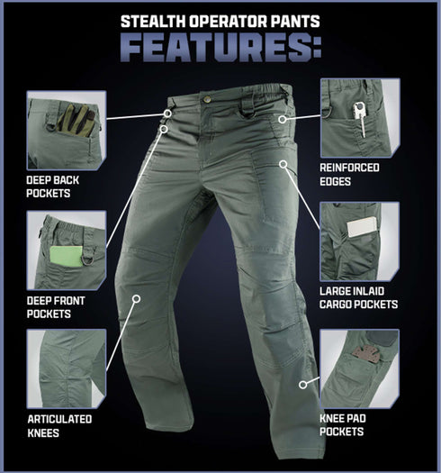 Condor Stealth Operator Pants feature deep front and back pockets, articulated knees, reinforced edges, large cargo pockets, and knee pad pockets—perfect for any combat pant needs.
