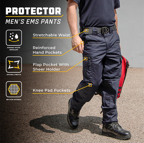 A man in Condor Mens Protector EMS Pants walks, highlighting features like a stretchable waist, reinforced hand pockets, a flap pocket with shear holder, and knee pad pockets.