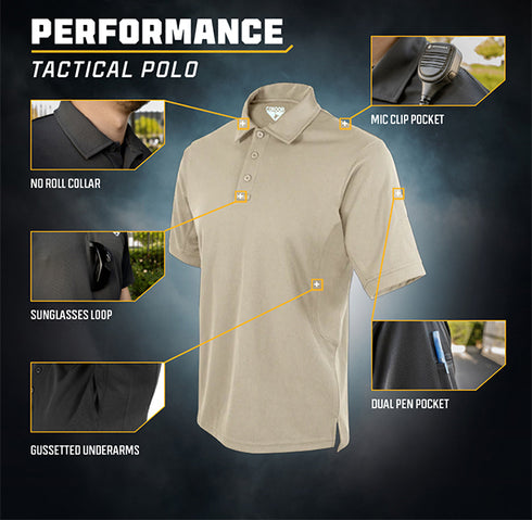 The Condor Short Sleeve Performance Tactical Polo features a no roll collar, sunglasses loop, gusseted underarms, mic clip pocket, and dual pen pocket—ideal for law enforcement and first responders.