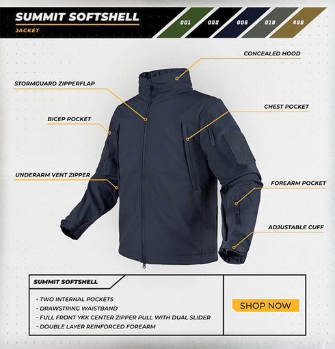 The Condor Summit Softshell Jacket is a dark cold-weather jacket with front, bicep, chest, and forearm pockets, thermal insulation, adjustable cuffs, a concealed hood, underarm vent zippers, and a drawstring waistband.