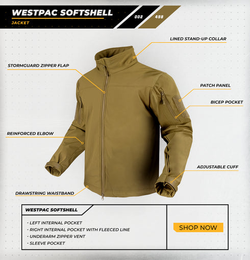 The Condor Westpac Softshell Jacket in olive green features a stand-up collar, zipper flap, patch panel, bicep pocket, reinforced elbows, adjustable cuffs, and a drawstring waistband with labeled features.