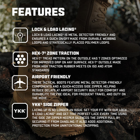 The Condor Brigade 8" Tactical Boots - Zip (Coyote Brown) feature Lock & Load lacing, Hex-7 zone traction, airport-friendly build, and a YKK side zipper for secure, convenient access.