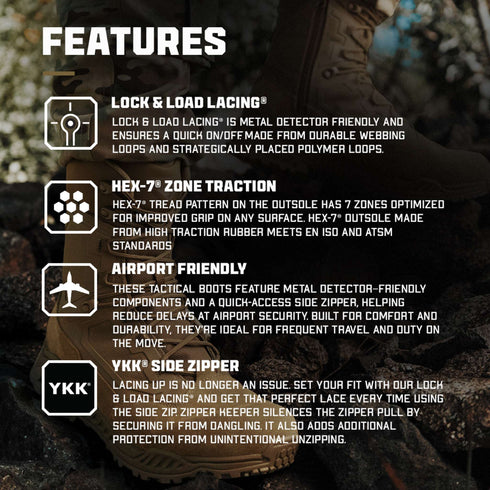 The Condor Brigade 8" Tactical Boots - Zip (Coyote Brown) feature Lock & Load lacing, Hex-7 zone traction, airport-friendly build, and a YKK side zipper for secure, convenient access.