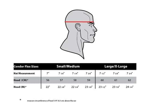 Diagram of a head with a measurement line above the ear, plus a size chart displaying Condor Flex Tactical Cap sizes (Small/Medium and Large/X-Large) in centimeters and inches.