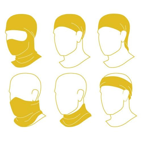 Illustration displays six ways to wear the Condor Multi Wrap, showing its versatility as headwear like a headscarf or neck gaiter for styling on the head and neck.