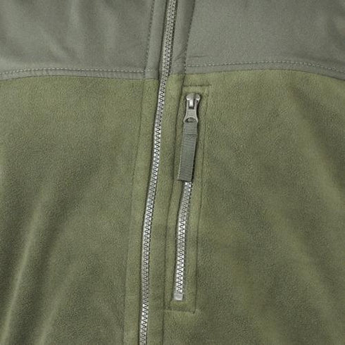 Close-up of the Condor Alpha Fleece Jacket in green, highlighting the visible vertical chest zipper pocket and a portion of the main front zipper.