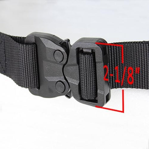 Close-up of the Condor GT Cobra Belts black buckle, featuring a red annotation marking its 2-1/8 inch width—ideal for law enforcement or shooting range applications.