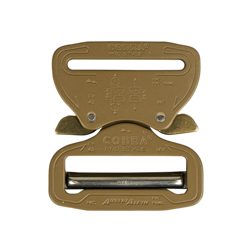 The Austrialpin Cobra Buckle - Pro Style is shown in tan metal, closed with engraved text, labels, and a central release mechanism—perfect for EDC or First Responder gear.