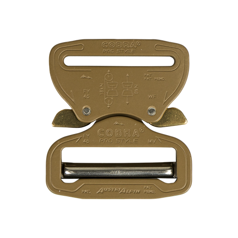 The Austrialpin Cobra Buckle - Pro Style is shown in tan metal, closed with engraved text, labels, and a central release mechanism—perfect for EDC or First Responder gear.