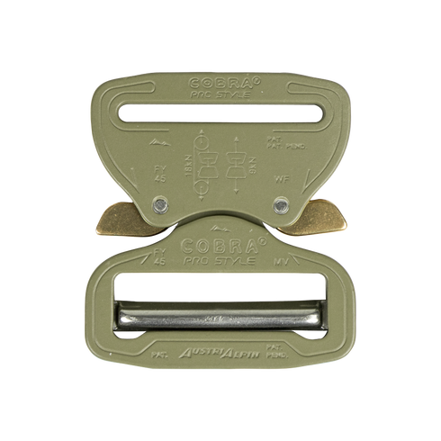The Cobra Buckle - Pro Style by Austrialpin is an olive green metal buckle with engraved branding, a secure quick-release locking mechanism, and gold release clips—perfect for military or law enforcement use.
