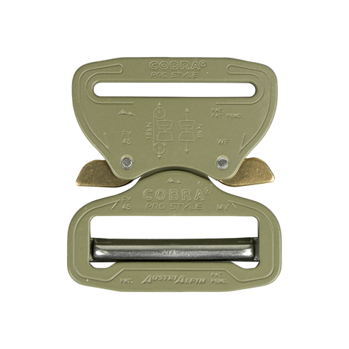 The Cobra Buckle - Pro Style by Austrialpin is an olive green metal buckle with engraved branding, a secure quick-release locking mechanism, and gold release clips—perfect for military or law enforcement use.