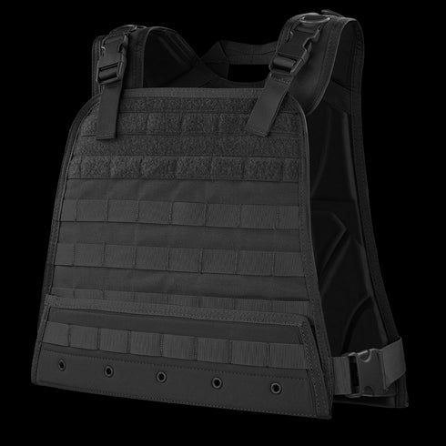 The Condor Compact Plate Carrier is shown facing forward in black, featuring adjustable shoulder straps, front MOLLE webbing, and a side buckle closure—perfect for law enforcement or range days.