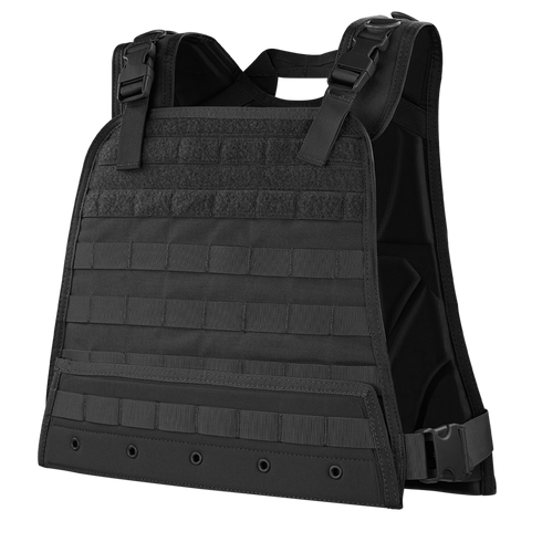 The Condor Compact Plate Carrier is shown facing forward in black, featuring adjustable shoulder straps, front MOLLE webbing, and a side buckle closure—perfect for law enforcement or range days.