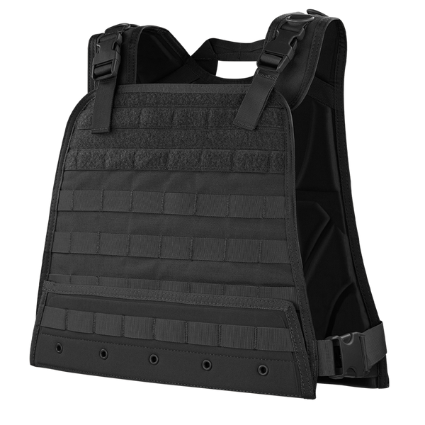 The Condor Compact Plate Carrier is shown facing forward in black, featuring adjustable shoulder straps, front MOLLE webbing, and a side buckle closure—perfect for law enforcement or range days.