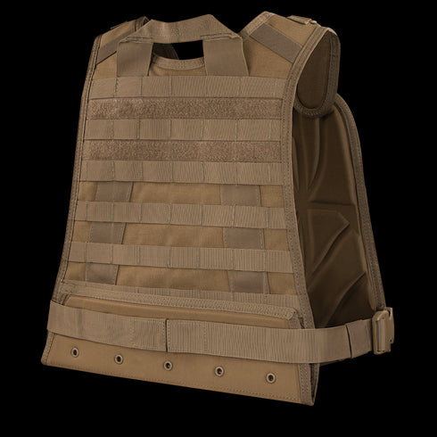 The Condor Compact Plate Carrier is a tan military-style vest with multiple webbing rows and adjustable straps, designed for carrying gear and protection—perfect for law enforcement or shooting range use.