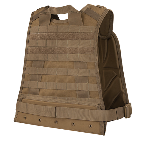 The Condor Compact Plate Carrier is a tan military-style vest with multiple webbing rows and adjustable straps, designed for carrying gear and protection—perfect for law enforcement or shooting range use.