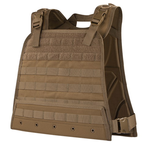 The Condor Compact Plate Carrier is a brown tactical vest with adjustable shoulder straps, MOLLE webbing, and side release buckles—ideal for military, law enforcement, or rugged EDC use by bushcraft enthusiasts.
