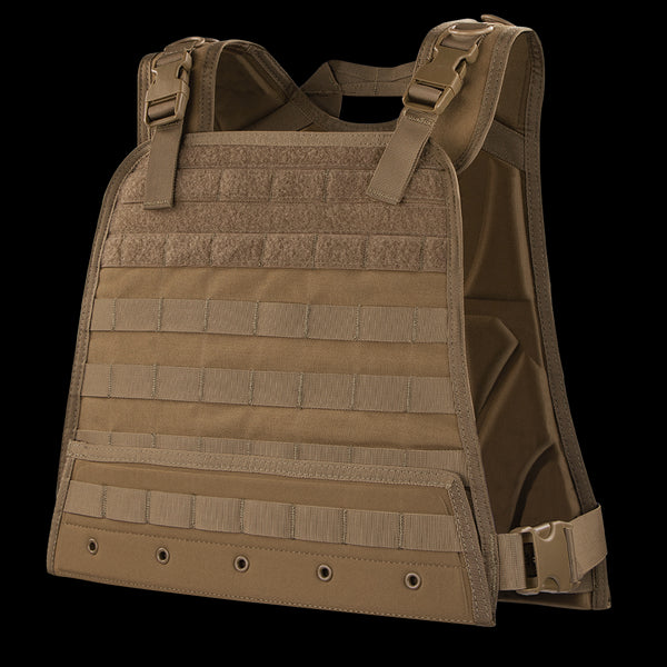 The Condor Compact Plate Carrier is a brown tactical vest with adjustable shoulder straps, MOLLE webbing, and side release bucklesāideal for military, law enforcement, or rugged EDC use by bushcraft enthusiasts.