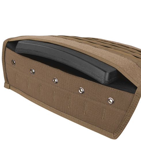 Close-up of a Condor Compact Plate Carrier pocket partially open, revealing a black ballistic armor plate inside—perfect tactical gear for military or law enforcement professionals.