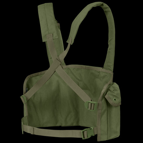 The Condor 7-Pocket Chest Rig in olive green features adjustable shoulder straps, a cross-strap design, side pouches, and secure buckle closures.