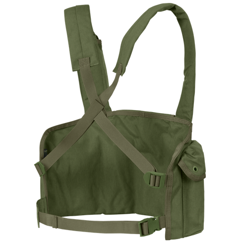 The Condor 7-Pocket Chest Rig in olive green features adjustable shoulder straps, a cross-strap design, side pouches, and secure buckle closures.