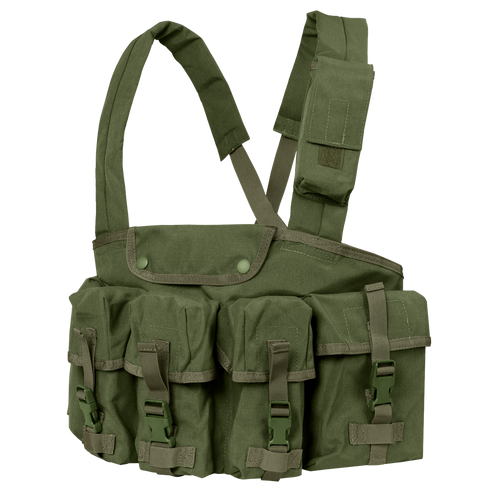 The Condor 7-Pocket Chest Rig in Olive Drab features adjustable shoulder straps and four front pouches secured with buckles and straps.