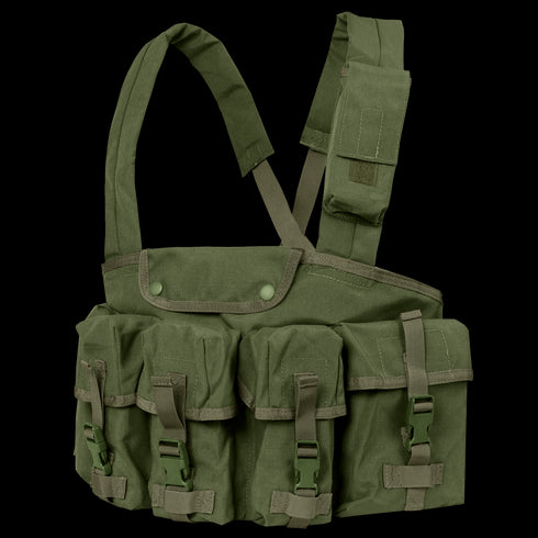 The Condor 7-Pocket Chest Rig in Olive Drab features adjustable shoulder straps and four front pouches secured with buckles and straps.
