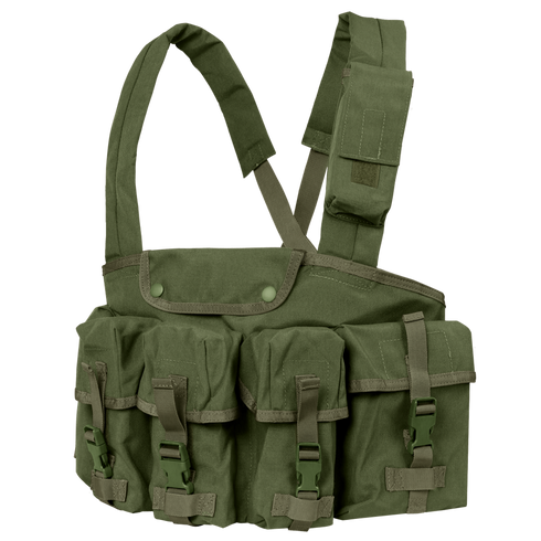 The Condor 7-Pocket Chest Rig in Olive Drab features adjustable shoulder straps and four front pouches secured with buckles and straps.
