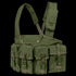 The Condor 7-Pocket Chest Rig in Olive Drab features adjustable shoulder straps and four front pouches secured with buckles and straps.