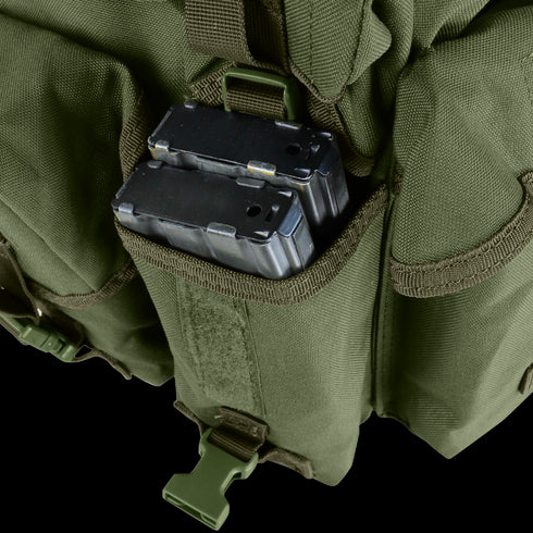 A close-up of two metal ammunition magazines inside the Condor 7-Pocket Chest Rig’s olive green pouch, featuring a plastic buckle and Velcro flap.