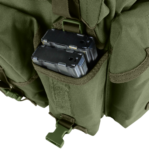 A close-up of two metal ammunition magazines inside the Condor 7-Pocket Chest Rig’s olive green pouch, featuring a plastic buckle and Velcro flap.