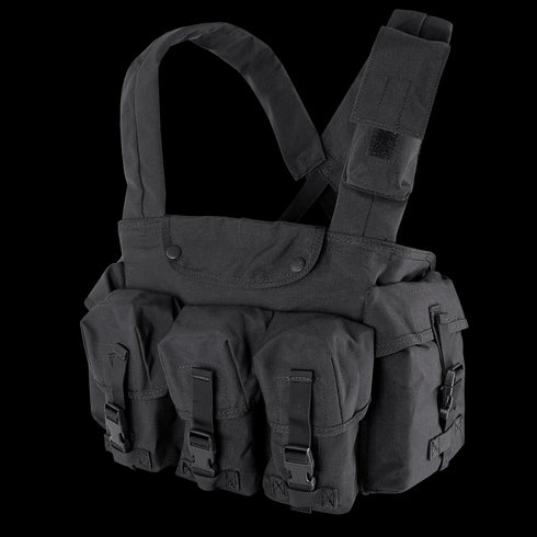 The Condor 7-Pocket Chest Rig is a black tactical vest featuring adjustable shoulder straps and multiple front pouches secured with buckles.