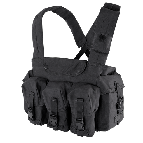 The Condor 7-Pocket Chest Rig is a black tactical vest featuring adjustable shoulder straps and multiple front pouches secured with buckles.