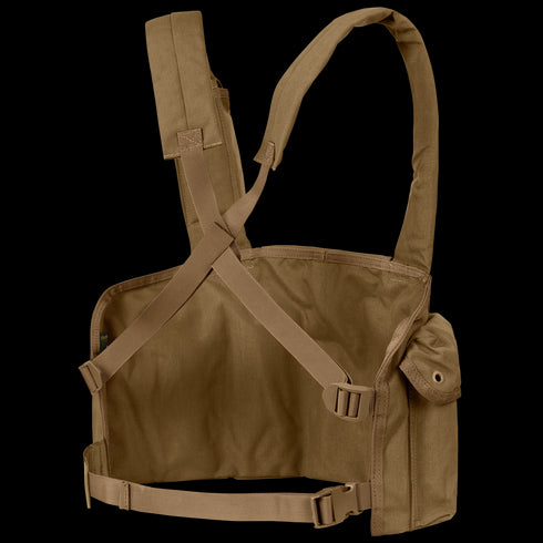 The Condor 7-Pocket Chest Rig is a brown tactical vest featuring adjustable straps, a side utility pouch, and multiple fastening points.