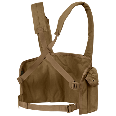 The Condor 7-Pocket Chest Rig is a brown tactical vest featuring adjustable straps, a side utility pouch, and multiple fastening points.