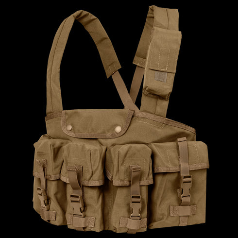 The Condor 7-Pocket Chest Rig is a tan tactical chest rig featuring adjustable shoulder straps and seven front pouches secured with buckles and flaps.