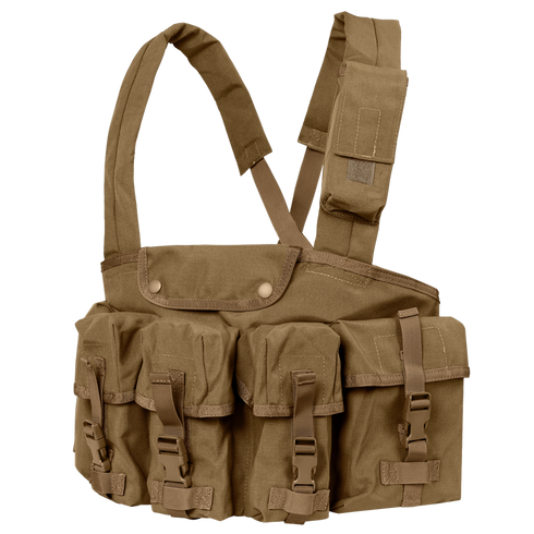 The Condor 7-Pocket Chest Rig is a tan tactical chest rig featuring adjustable shoulder straps and seven front pouches secured with buckles and flaps.
