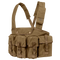 The Condor 7-Pocket Chest Rig is a tan tactical chest rig featuring adjustable shoulder straps and seven front pouches secured with buckles and flaps.