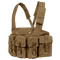 The Condor 7-Pocket Chest Rig is a tan tactical chest rig featuring adjustable shoulder straps and seven front pouches secured with buckles and flaps.